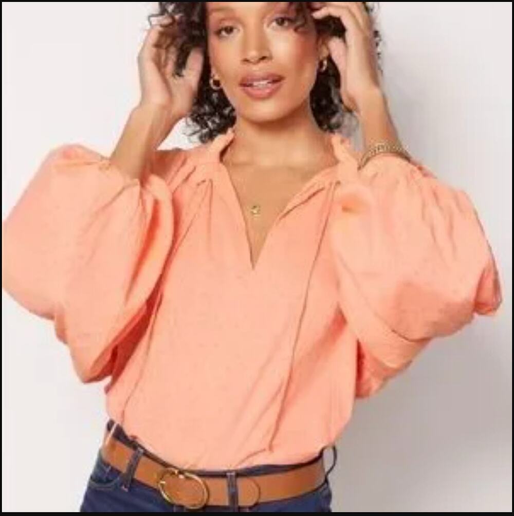 Cleobella Phoenix Blouse Organic Cotton Women's XL Dobby Ruffle Coral Peach NWT